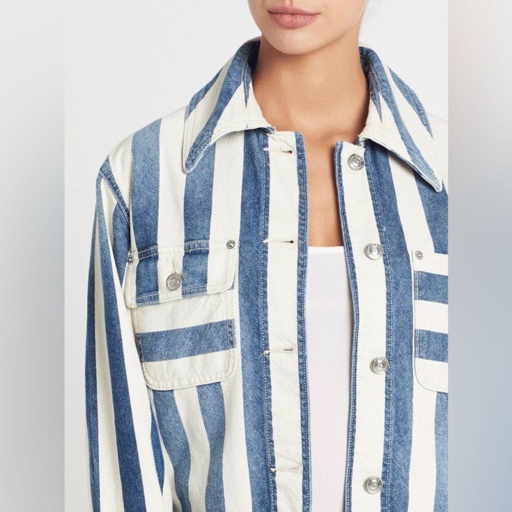 Current/Elliott Sammy Jacket Bay Stripe Blue & Cream Denim Jacket Classy XS 0 - Picture 3 of 14